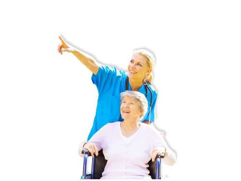 caregiver and elderly woman in a wheelchair