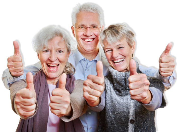 three elderly showing their thumbs up